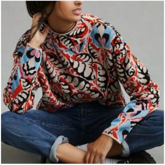 Anthropologie Maeve Carys Sweater Womens XS Orange Black Mock Neck Artsy Knit - Picture 2 of 9